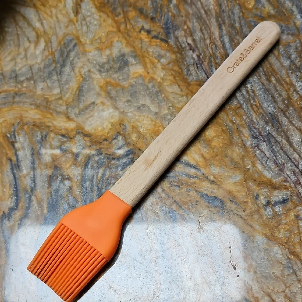 CRATE & BARREL Orange Silicone Pastry Brush with Wooden Handle